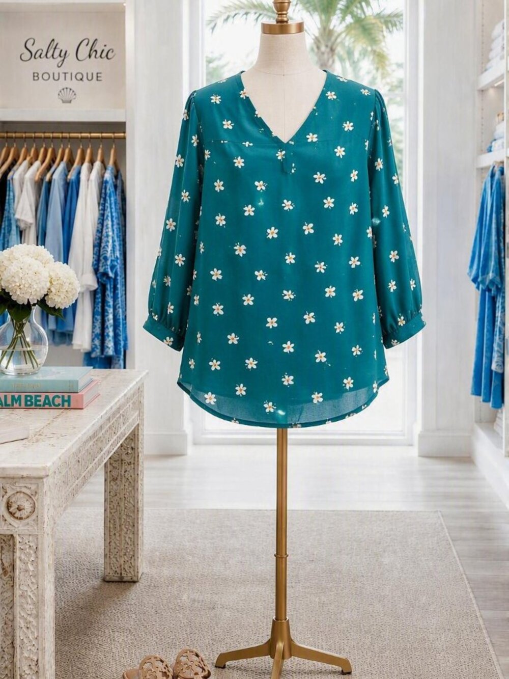 Women’s Teal Blouse 41 HawthornFloral V-Neck Blouse with Crisscross Back Top